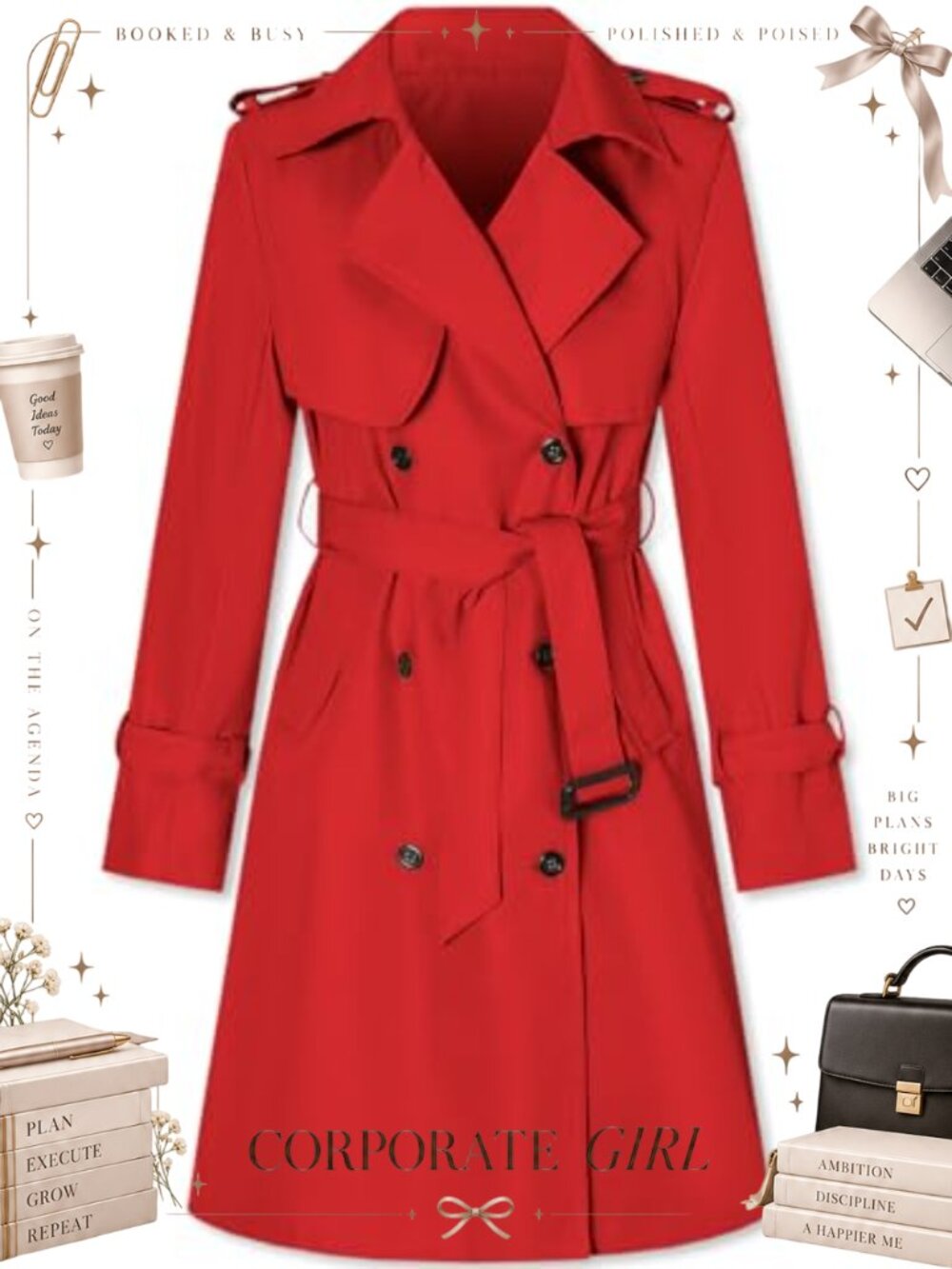 Double Breasted Waterproof Trench Coat with Belt Classic Lapel